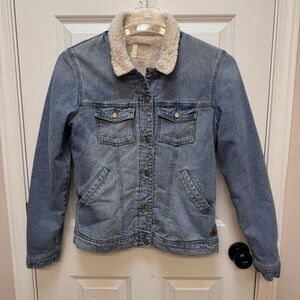 Vintage Roxy Sandy Sherpa Lined Jean Jacket Medium Wash Blue Cotton Denim Medium